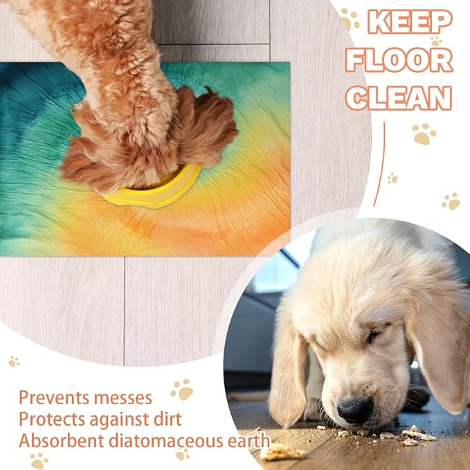 Tie Dye Dog Food Mat for Floors Absorbent, Quick Dry Water Dispenser Mat for Food, Water, Pet Supplies 12" x 20", Abstract