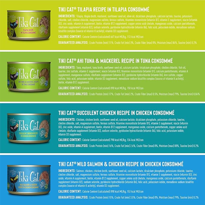 Tiki Cat Luau Variety Pack, Succulent Combinations of Real Shredded Protein in a Rich Flavorful Consumme, Grain-Free Balanced Nutrition Wet Canned Cat Food, for All Life Stages, 6 oz. Can (8 Count)