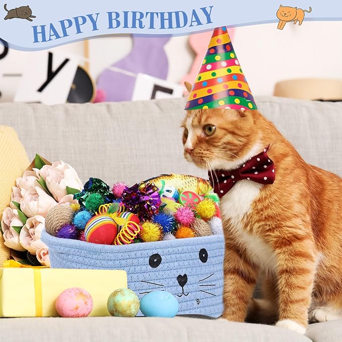Zopeal 58 Pcs Easter Cat Storage Basket Gift Toys Set, Colorful Flashing Balls Pet Bell Crinkle Balls Spring Toys Attract Cat to Swat, Hunt, Interactive for Pet(Light Blue,9.8 Inch)