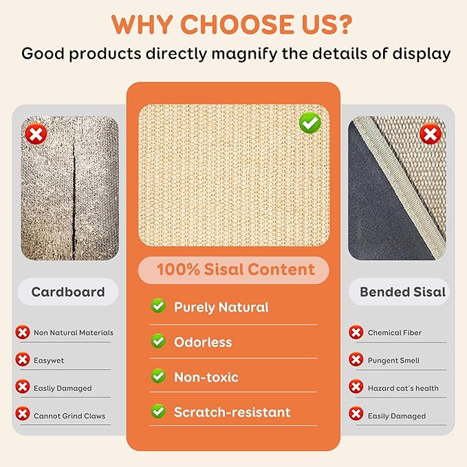 Sisal Cat Scratcher Bed for Natural Wood for Indoor Cats, Natural Sisal Mat Hammock for Kittens and Adult Cats,Extra-Larger Cat Scratching Post/Board/pad