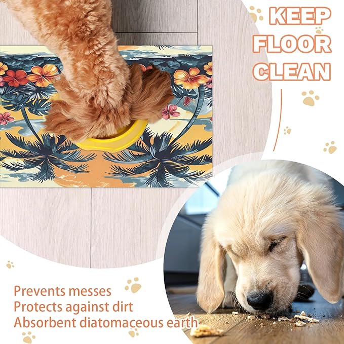 Palm Tree Dog Food Mat for Floors Absorbent, Quick Dry Water Dispenser Mat for Food, Water, Pet Supplies 17" x 30", Tropical Flower