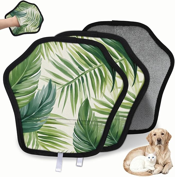 Watercolor Palm Leaf Electrostatic Pet Hair Removal Glove for Cats & Dogs - Reusable Grooming Mitt for Couch, Carpet, Car Seat & Laundry - Large 9x9 Inch