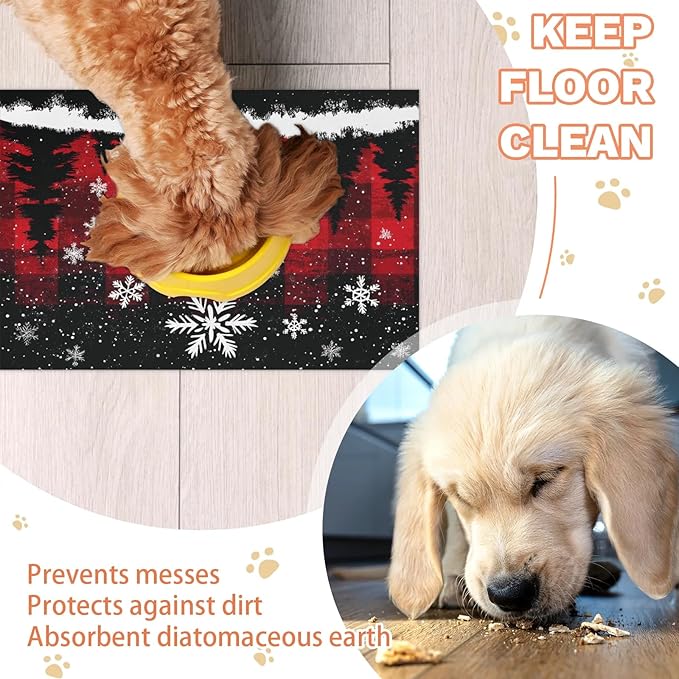 Xmas Deer Dog Food Mat for Floors Absorbent, Quick Dry Water Dispenser Mat for Food, Water, Pet Supplies 16" x 24", Christmas Snowflake