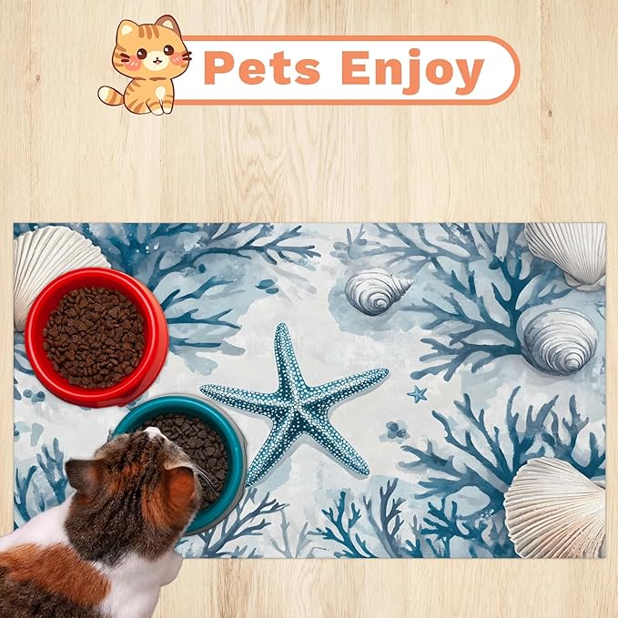 Starfish Seashells Dog Food Mat for Floors Absorbent Dog Bowl Mat for Food and Water Dispenser Quick Dry Cat Food Placemat Pet Supplies 16" x 24", Ocean Beach Coral