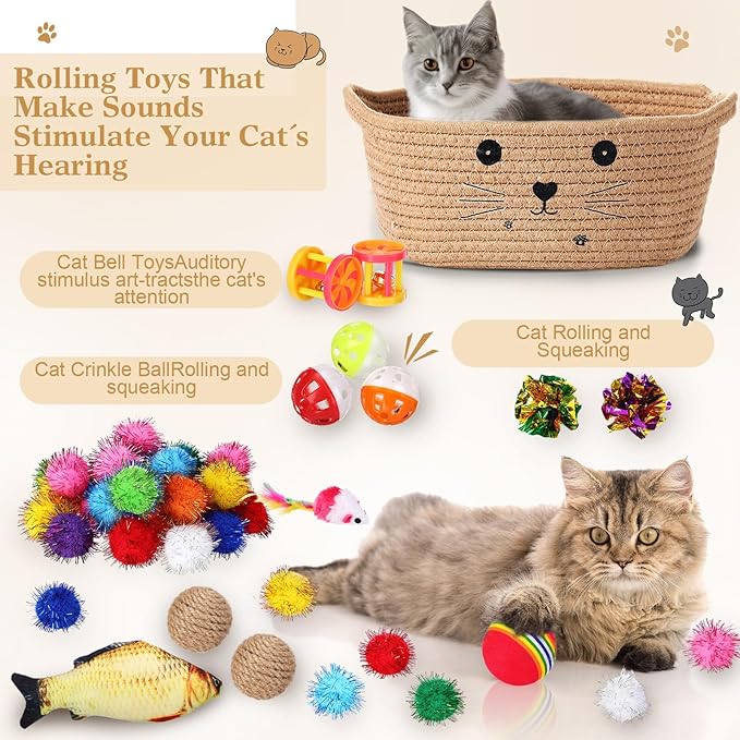 Zopeal 58 Pcs Easter Cat Storage Basket Gift Toys Set, Colorful Flashing Balls Pet Bell Crinkle Balls Spring Toys Attract Cat to Swat, Hunt, Interactive for Pet(Khaki,9.8 Inch)