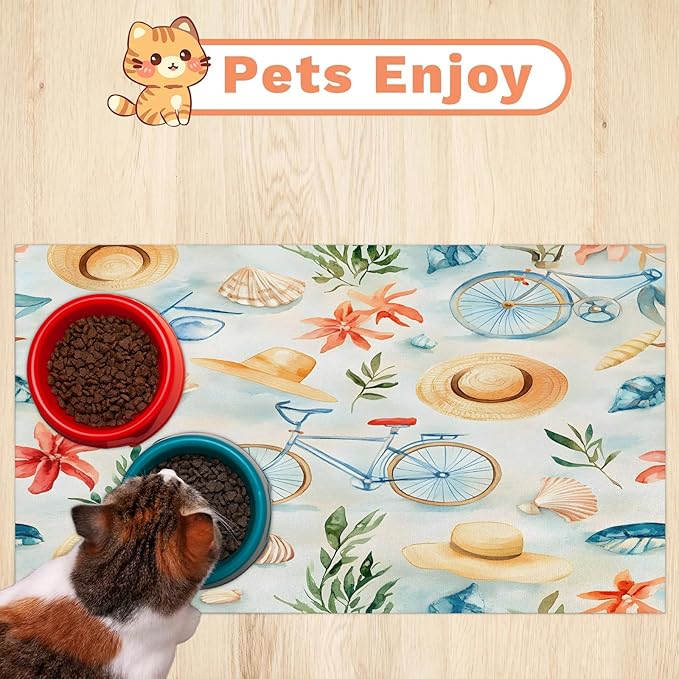 Beach Bicycle Dog Food Mat for Floors Absorbent Dog Bowl Mat for Food and Water Dispenser Quick Dry Cat Food Placemat Pet Supplies 16" x 24", Summer Theme