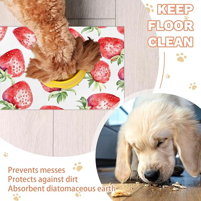 Strawberry Dog Food Mat for Floors Absorbent Dog Bowl Mat for Food and Water Dispenser Quick Dry Cat Food Placemat Pet Supplies 16" x 24", Cute Fruit