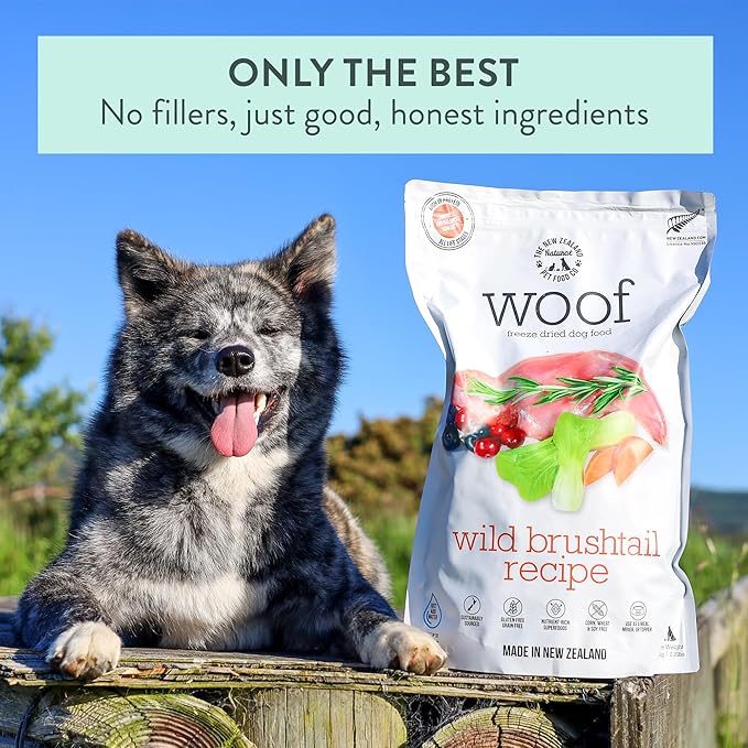 The New Zealand Natural Pet Food Co. Woof Wild Brushtail Freeze Dried Raw Dog Food, Mixer, or Topper, or Treat - High Protein, Natural, Limited Ingredient Recipe - 9.9 oz