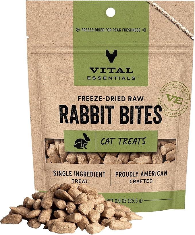 Vital Essentials Freeze Dried Cat Treats | Rabbit Bites, Single Protein | Premium Quality | Grain Free, Crunchy Cat Treats, 0.9 oz Bag