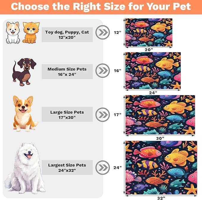 Fish Dog Food Mat for Floors Absorbent Dog Bowl Mat for Food and Water Dispenser Quick Dry Cat Food Placemat Pet Supplies 17" x 30", Coral