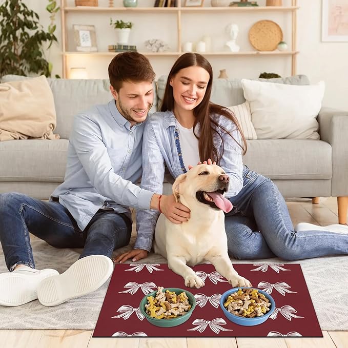 Christmas Bow Dog Food Mat for Floors Absorbent, Quick Dry Water Dispenser Mat for Food, Water, Pet Supplies 12" x 20", Cute Bow