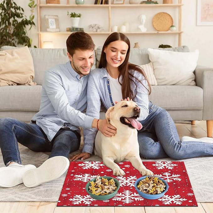Xmas Snowflake Dog Food Mat for Floors Absorbent, Quick Dry Water Dispenser Mat for Food, Water, Pet Supplies 12" x 20", Christmas Snowflake