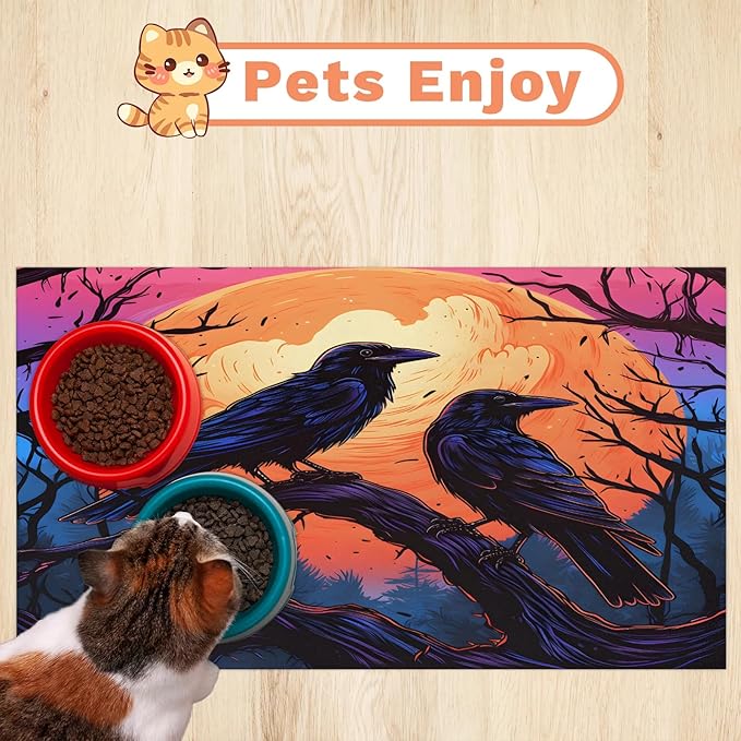 Halloween Raven Dog Food Mat for Floors Absorbent, Quick Dry Water Dispenser Mat for Food, Water, Pet Supplies 24" x 32", Moon Night