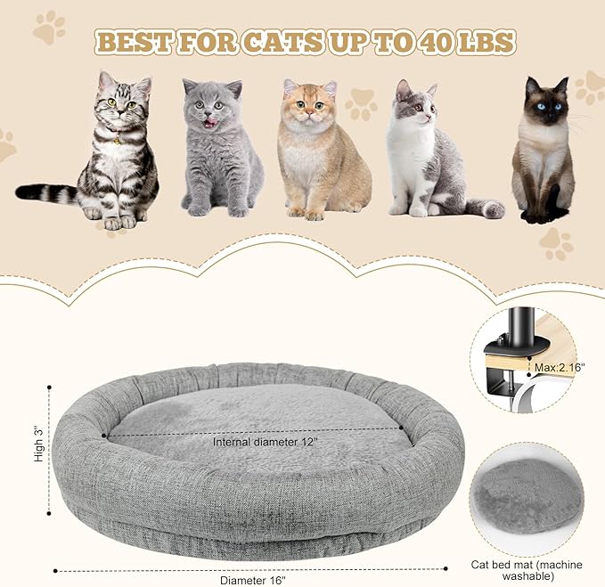 Cat Bed - with 360 Rotation & Adjustable Height - Soft & Comfortable - Indoor Cats Up to 40 lbs (Grey)