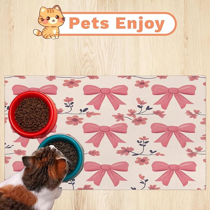 Pink Bow Dog Food Mat for Floors Absorbent, Quick Dry Water Dispenser Mat for Food, Water, Pet Supplies 17" x 30", Flower