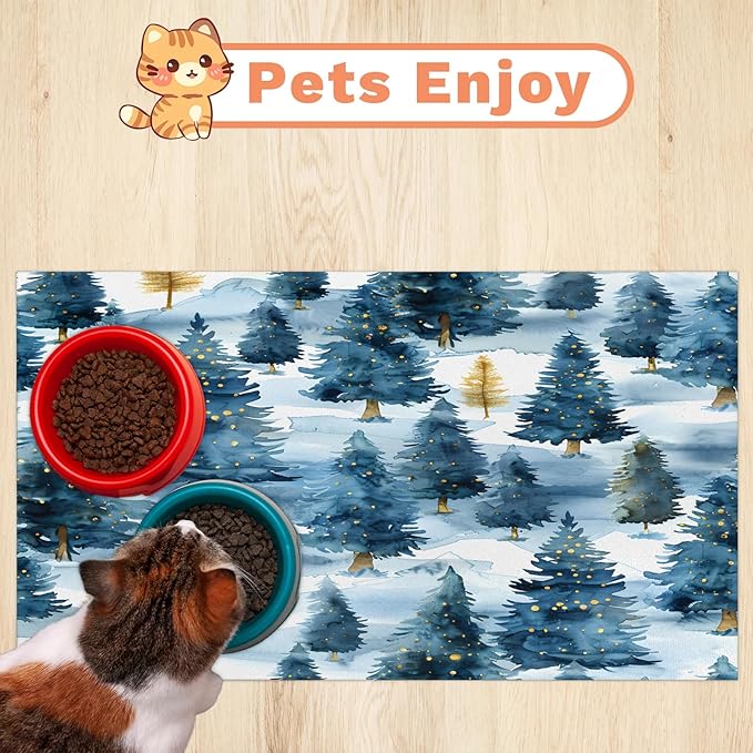 Winter Forest Dog Food Mat for Floors Absorbent, Quick Dry Water Dispenser Mat for Food, Water, Pet Supplies 12" x 20", Tree