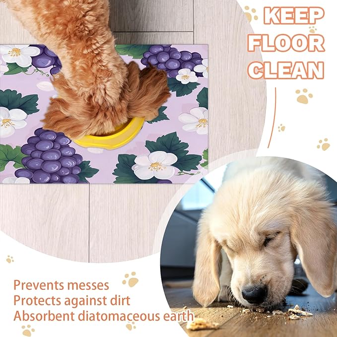 Purple Grape Dog Food Mat for Floors Absorbent Dog Bowl Mat for Food and Water Dispenser Quick Dry Cat Food Placemat Pet Supplies 12" x 20", Summer Floral