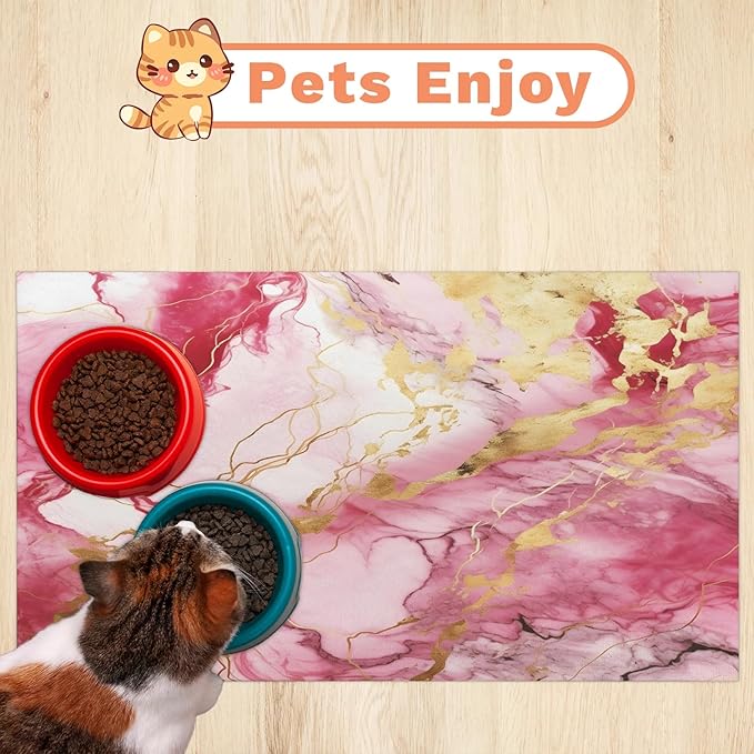 Marble Dog Food Mat for Floors Absorbent, Quick Dry Water Dispenser Mat for Food, Water, Pet Supplies 12" x 20", Pink Gold