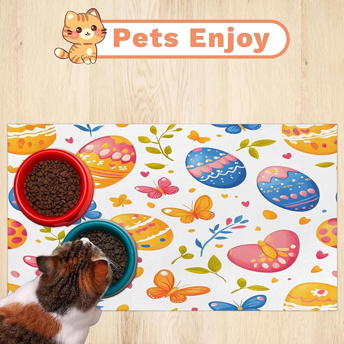Easter Egg Dog Food Mat for Floors Absorbent Dog Bowl Mat for Food and Water Dispenser Quick Dry Cat Food Placemat Pet Supplies 16" x 24", Butterfly Leaf