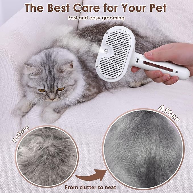 Rechargeable Cat Grooming Brush with Steam - Removes Static Hair, Easy to Clean, Friendly for Dogs