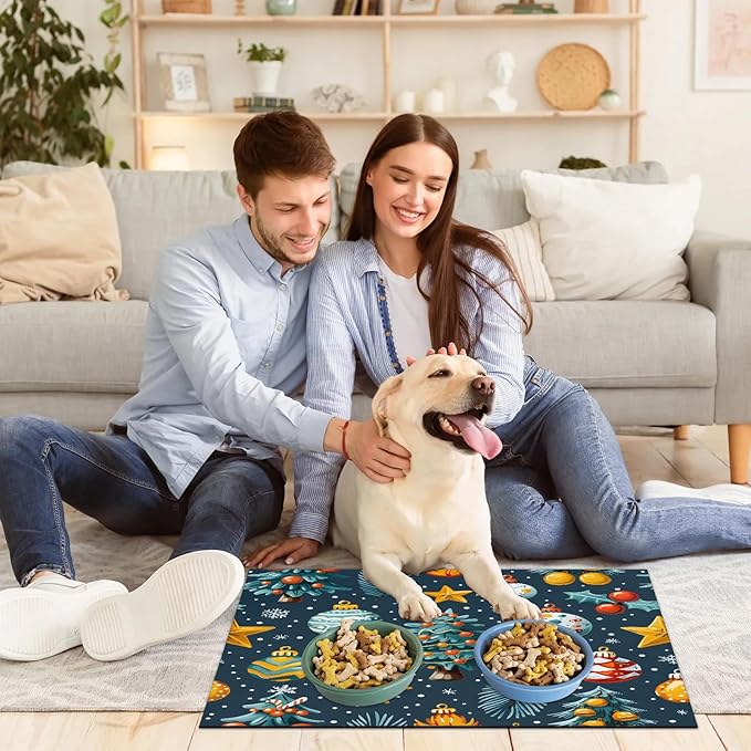 Merry Christmas Dog Food Mat for Floors Absorbent, Quick Dry Water Dispenser Mat for Food, Water, Pet Supplies 16" x 24", Ball Tree