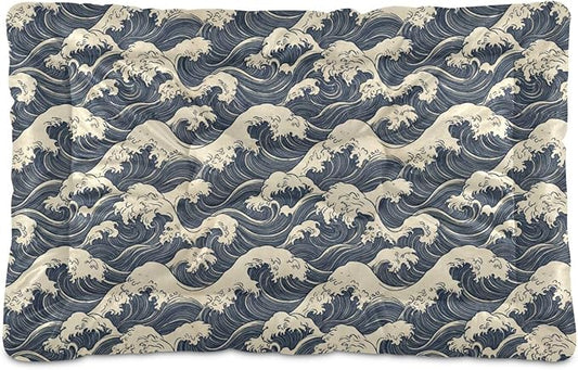 Dog Bed for Crate Washable Pet Sleep Pad, Kanagawa Reimagined Kennel Mat with Non-Slip Bottom, Soft Fluffy Supplies Pet for Dogs and Cats (36x24 inch)