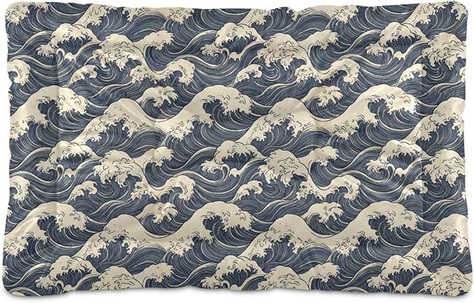 Dog Bed for Crate Washable Pet Sleep Pad, Kanagawa Reimagined Kennel Mat with Non-Slip Bottom, Soft Fluffy Supplies Pet for Dogs and Cats (24x18 inch)