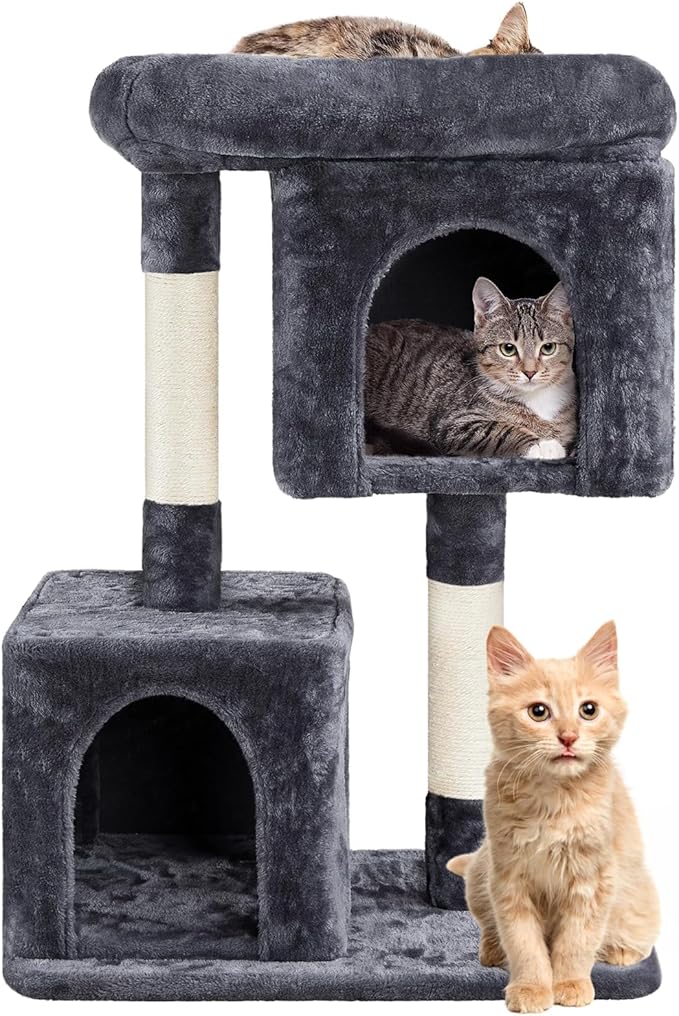 33 inches Small Cat Tree for Indoor Cats, Multi-Level Cat Trees with Scratching Posts, Padded Plush Perch, Large Condos & Playhouse for Kittens/Adult Cats