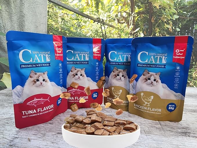 Cats Premium Wet Food 85g Pouch — Moist, Soft Cat Food Mixer, Topper and Rotational Meal (4-Pack, Chicken and Tuna)