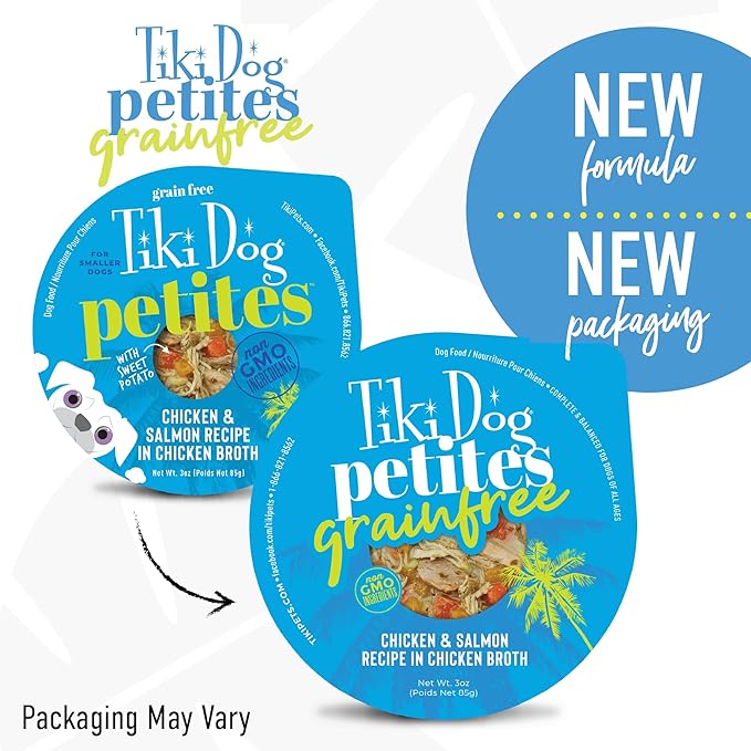 Tiki Dog Aloha Petites, Chicken & Salmon, Rich in Protein with Supplemental Hydration, for All Dog Breeds and All Life Stages, 3 oz. Cup (4 Count)