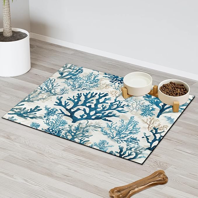 Nautical Coastal Dog Food Mat for Floors Absorbent Dog Bowl Mat for Food and Water Dispenser Quick Dry Cat Food Placemat Pet Supplies 16" x 24", Watercolor Coral