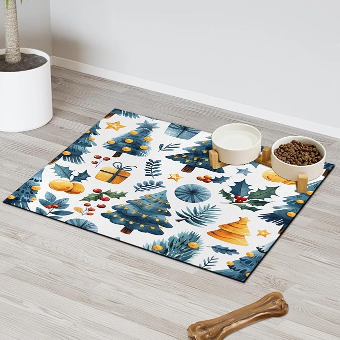 Merry Christmas Dog Food Mat for Floors Absorbent, Quick Dry Water Dispenser Mat for Food, Water, Pet Supplies 17" x 30", Pine Tree