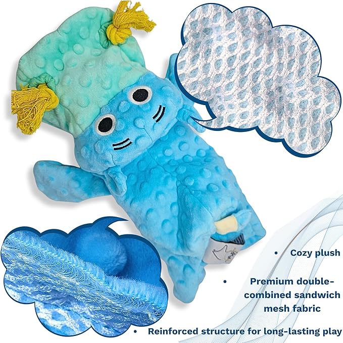 4 in 1 Squeaky Dog Toy - No Stuffing Dog Toy with Ropes, Squeaker & Surprise ball-like play item for Small Medium Large Breeds - for Chewing, Tug of war, Fetch-Soft Pet-Safe Materials-Blue Plush Hippo
