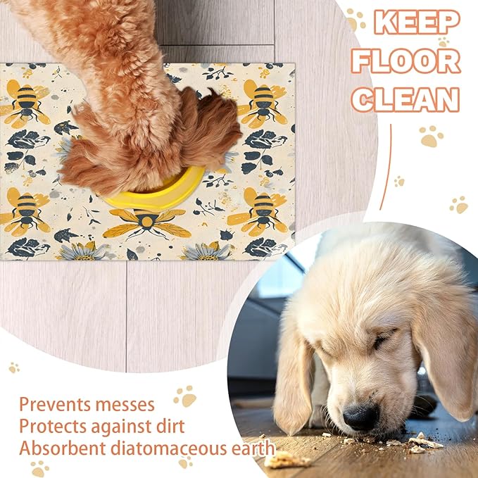Boho Bee Dog Food Mat for Floors Absorbent, Quick Dry Water Dispenser Mat for Food, Water, Pet Supplies 16" x 24", Vintage Daisy