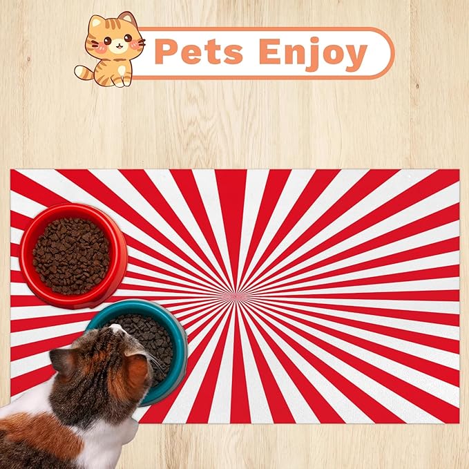 Striped Dog Food Mat for Floors Absorbent, Quick Dry Water Dispenser Mat for Food, Water, Pet Supplies 12" x 20", White Red