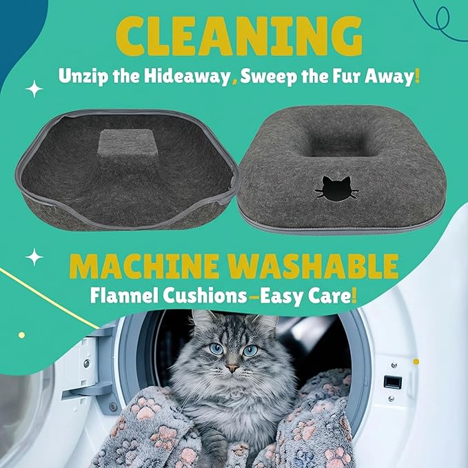RINGTAIL Peekaboo Cat Cave Donut for Multiple & Large Cats Up to 30-45 lb, 3-in-1 Self Warming Cat Bed Tunnel with 2 Soft Fluffy Fleece Pet Blankets, Scratch, Detachable & Washable (Dark Gray, Large)