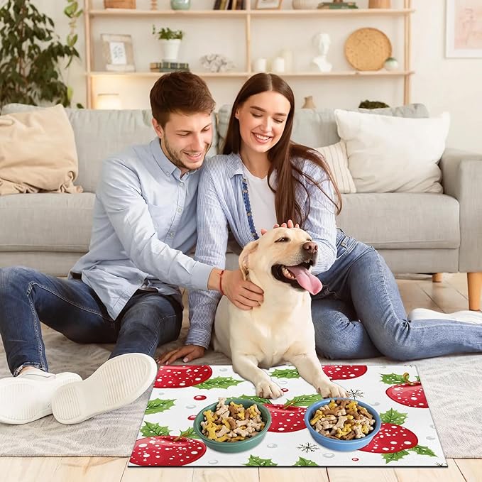 Merry Christmas Dog Food Mat for Floors Absorbent Dog Bowl Mat for Food and Water Dispenser Quick Dry Cat Food Placemat Pet Supplies 24" x 32", Red Apples