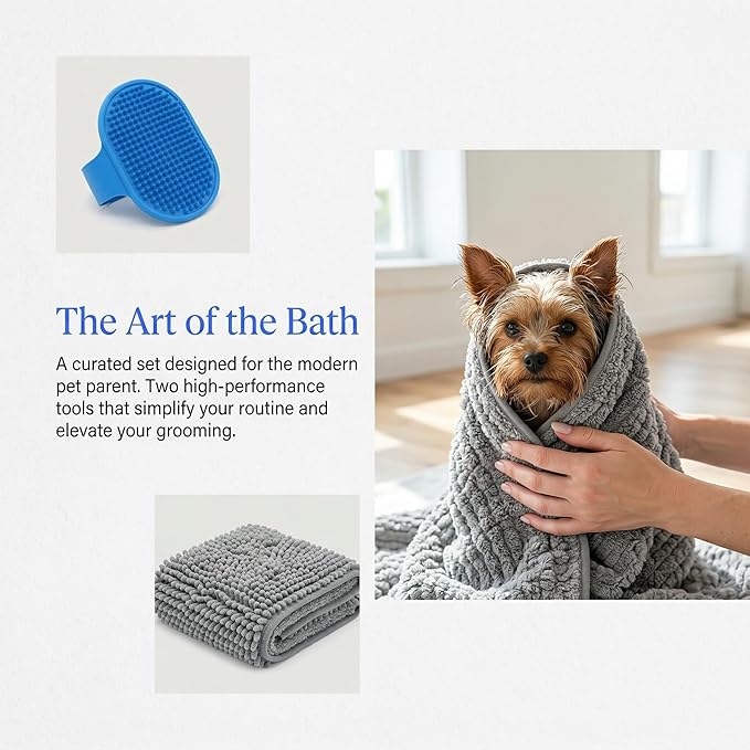 Dog Grooming Kit – Quick Drying Towel for Dogs + Silicone Massage Bath Brush | Super Absorbent Microfiber Dog Towel & Soft Rubber Pet Shampoo Brush | Complete Shower & Bath Supplies for Dogs & Cats