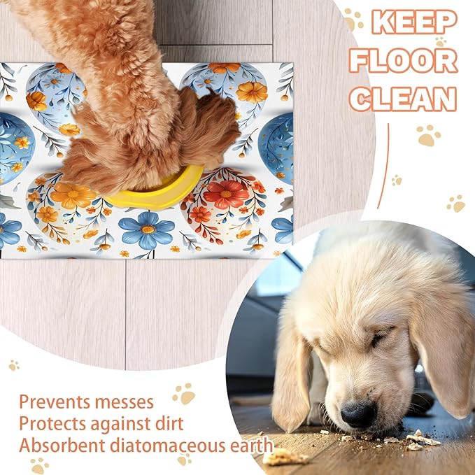 Floral Eggs Dog Food Mat for Floors Absorbent Dog Bowl Mat for Food and Water Dispenser Quick Dry Cat Food Placemat Pet Supplies 24" x 32", Happy Easter