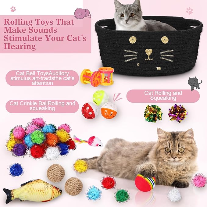 Zopeal 58 Pcs Easter Cat Storage Basket Gift Toys Set, Colorful Flashing Balls Pet Bell Crinkle Balls Spring Toys Attract Cat to Swat, Hunt, Interactive for Pet(Black,9.8 Inch)
