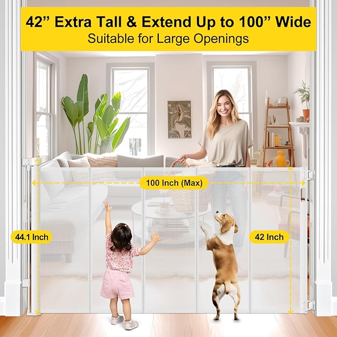 Reinforced 42” Tall x 100” Extra Wide Retractable Baby Gate for Large Openings Tall Baby Gates for Dogs Pet Gate with Rods to Prevent Crawling Through, Extra Wide Mesh Dog Gate, White