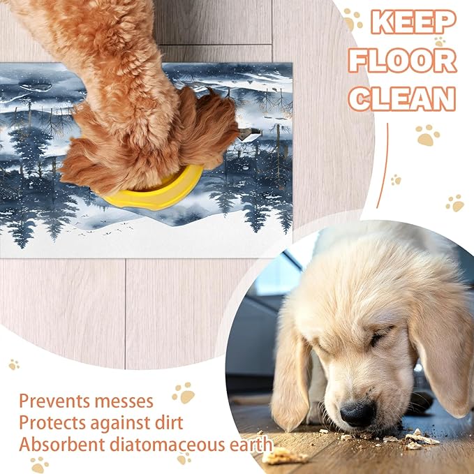 Rustic Villages Dog Food Mat for Floors Absorbent, Quick Dry Water Dispenser Mat for Food, Water, Pet Supplies 12" x 20", Winter Snowflake