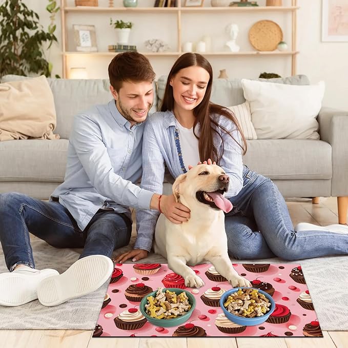 Chocolate Cake Dog Food Mat for Floors Absorbent Dog Bowl Mat for Food and Water Dispenser Quick Dry Cat Food Placemat Pet Supplies 16" x 24", Colorful Polka Dots