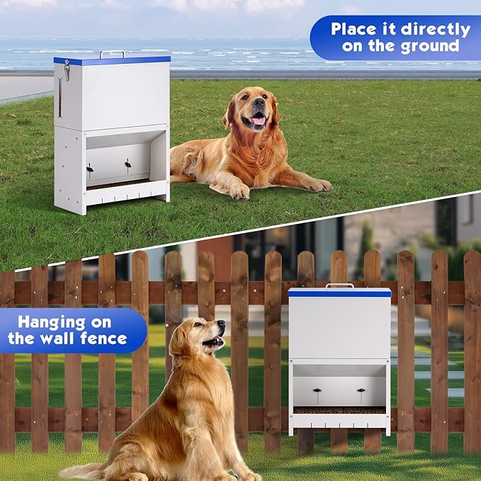 Galvanized Metal Pet Food Station for Indoor & Outdoor Use, Large Capacity Automatic Gravity Feed Dispenser Suitable for Small, Medium, and Large Dog Breeds (Blue)