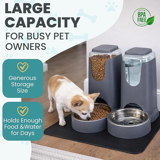 Automatic Cat Feeder 2.8L/4L Water Dispenser Set w/Tray Mat, Gravity Pet Feeder, Large Capacity Non-Spill Cat Water & Food Stainless Steel Bowls, Water Dispenser for Feeding Cats & Dog
