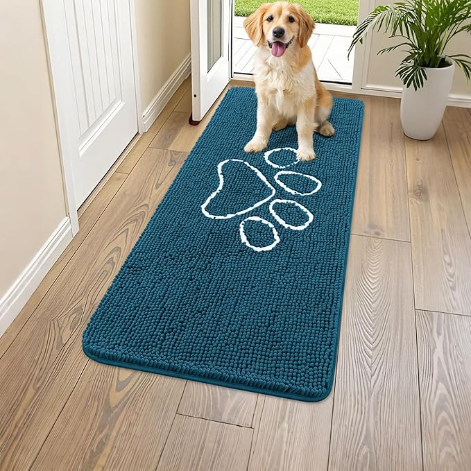 Smiry Dog Door Mat for Muddy Paws, Absorbent Dirt Trapper Non Slip Quick Dry Washable Chenille Mat for Mud Dogs, Entry Rug for Indoor and Outdoor (47x24 Inches, Atlantic Blue and White)