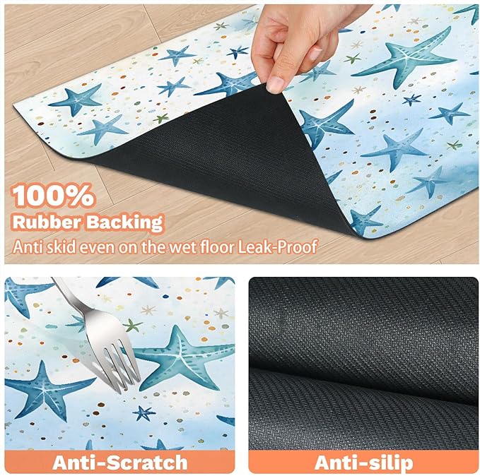 Ocean Starfish Dog Food Mat for Floors Absorbent Dog Bowl Mat for Food and Water Dispenser Quick Dry Cat Food Placemat Pet Supplies 24" x 32", Nautical Coastal