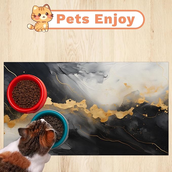 Marble Dog Food Mat for Floors Absorbent, Quick Dry Water Dispenser Mat for Food, Water, Pet Supplies 17" x 30", Gold Black Marble