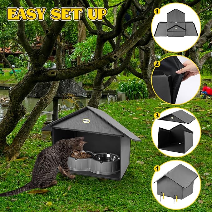 Dreyoo Outdoor Cat Feeding Station for Food & Water, Weatherproof Outdoor Kitty Dining Room Cat Shelter for Stray, Feral Cats and Community Cats, 13”d x 17”w x 15.5'h(2 Pack,Dark Grey)