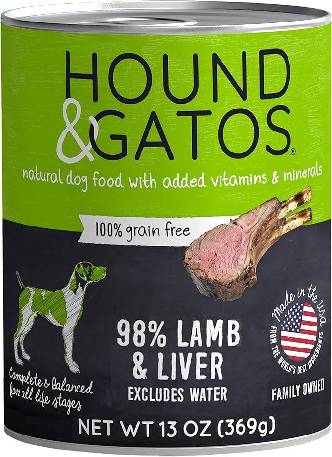 Hound & Gatos Wet Dog Food, 98% Lamb & Liver, case of 12, 13 oz cans